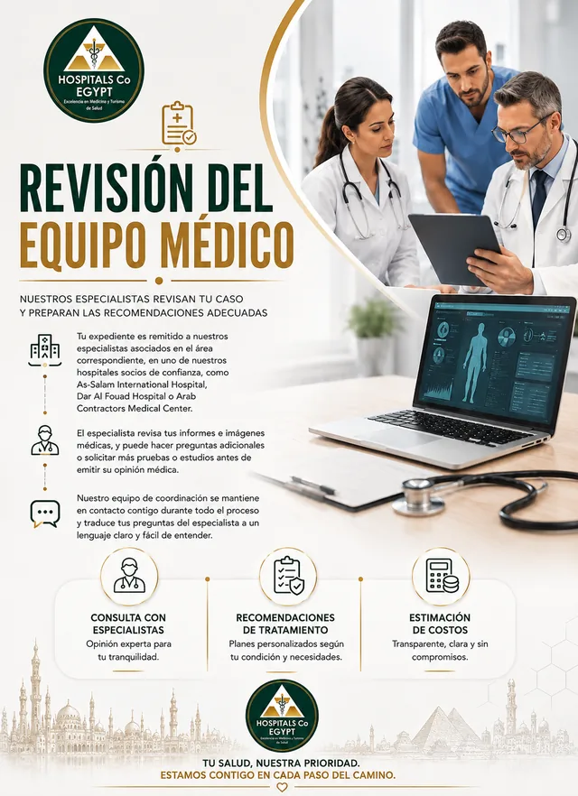 Tres médicos revisando juntos el expediente de un paciente en una tableta